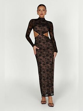 Meshki Callista Lace Long Sleeve Black Lace Cutout Maxi Dress